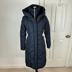 Cole Haan Signature Taffeta Puffer Coat Quilted Zip Bib Hooded Navy Blue XS Down